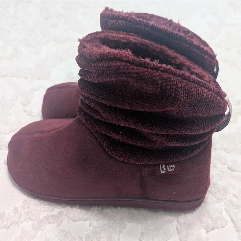 LongBay Warm Chenille Bootie Slippers Memory Foam Wine Red M 7-8